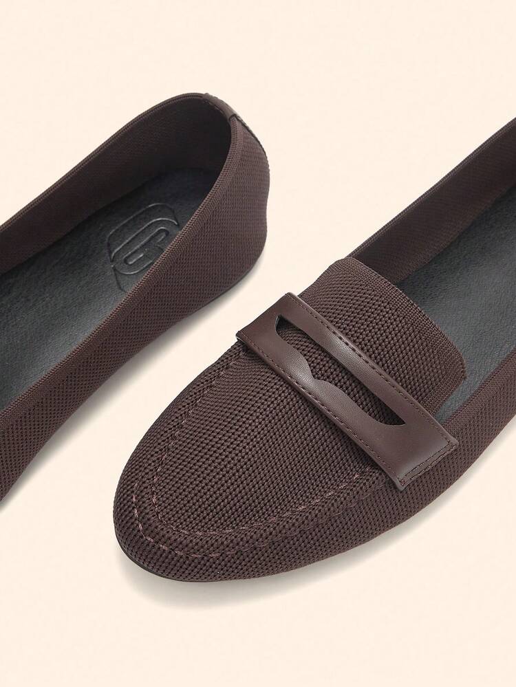 CUCCOO BASICS コーヒー色のラウンドトゥフラットニット素材ローファー レディース、通勤、デート、パーティー、ショッピング、オフィスに適しています