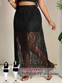 SHEIN PETITE CURVE Plus Size Women Floral Lace Skirt Women Summer For Vacation Country Concert People Of Shorter Stature - Black - View 1