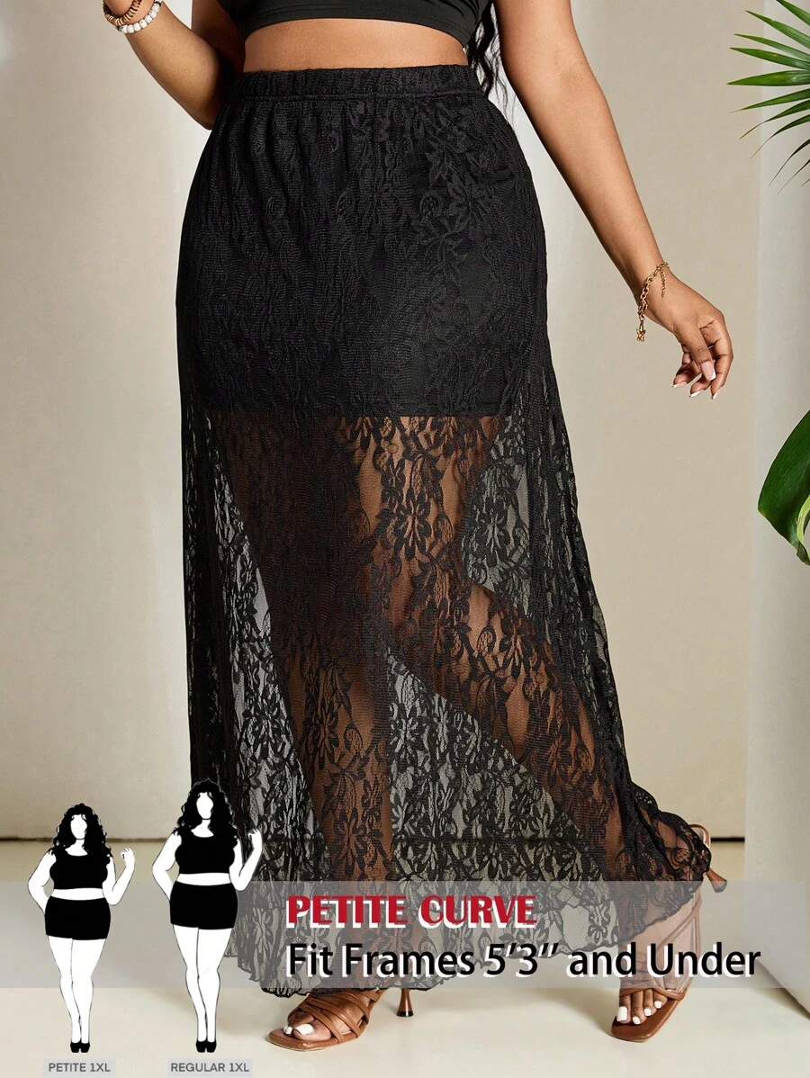 SHEIN PETITE CURVE Plus Size Women Floral Lace Skirt Women Summer For Vacation Country Concert People Of Shorter Stature - Black - View 1
