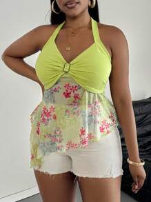 SHEIN PETITE CURVE Plus Size Women Summer Fashion Top Country Concert - Green - View 3