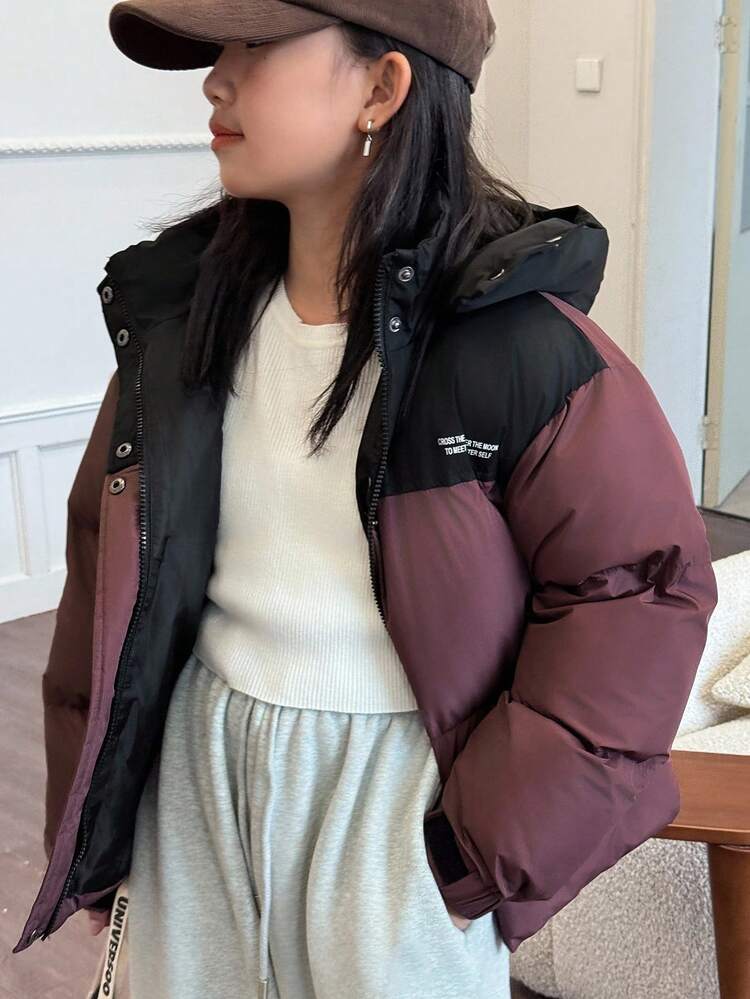 Tween Girls' Color Block Hooded Long Sleeve Padded Coat, Winter