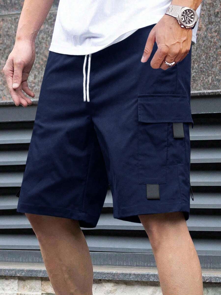 SHEIN Teenager Jungen Cargo Taschen Lässig Shorts, Streetwear Punk Rock Sportlich geeignet für Frühling Sommer Veranstaltungen, Partys, Musikfestivals Blaue Cargo Shorts Navy Blaue Cargo Shorts - marineblau - Übersicht 1