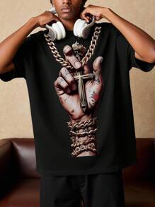 ROMWE MEN Street Life 男士十字印花圆领短袖休闲百搭T恤，夏季