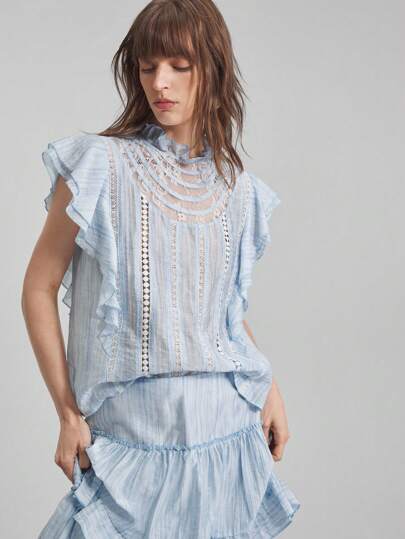 Ontre Blusa de mujer con volantes, mangas con volantes, unicolor, blusa elegante para damas, adecuada para salir, vacaciones, casual de negocios, top básico lindo