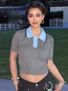 DAZY 女式拼布撞色半开襟短款针织上衣，夏季 - 灰色 - 查看 4