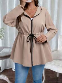 EMERY ROSE Giacca con cappuccio con coulisse in vita e chiusura lampo, tinta unita, casual, per donna taglie forti, adatta per primavera/autunno, leggera, giacca con chiusura lampo per donna, giacca casual per donna taglie forti, adatta per inverno, ufficio, ritorno a scuola, insegnanti, anorak con chiusura lampo per donna