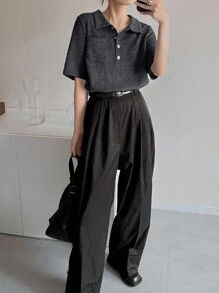 FRIFUL 女式修身 Polo 领金属纽扣装饰短袖 T 恤，夏季 - 黑色 - 查看 5