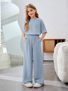 Firerie Kids Firerie Kids Bộ 2 món Nova Glow Tween Girl Vacation Casual Solid Color Round Neck Short Sleeve - Màu xanh nhạt - Xem 4