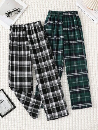 2pcs/Set Tween BoysPlaid Casual Straight-Leg Pants, Versatile Everyday Wear Spring/Autumn Fall Winter