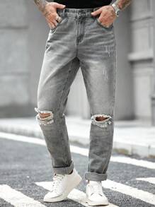 Manfinity Homme 男士日常休闲做旧洗水直筒牛仔裤 - 灰色 - 查看 3