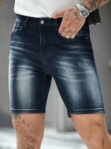 Manfinity Homme Men's Casual Washed Angled Pockets Skinny Denim Shorts, Summer - Dark Wash - View 5