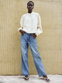 Lumivelle 夏季复古风穿搭，复古优雅奶油黄简约立领泡泡袖休闲通勤外套，适合日常通勤和春季大学校园穿着。 - 杏色 - 查看 5