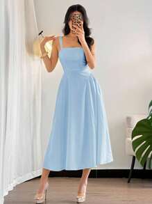 Firerie 女士夏季优雅简约度假海滩黄色褶皱纹理吊带背心束腰 A 字中长连衣裙 - 淺藍色 - 查看 6