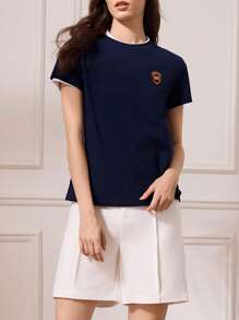 Briarwyn 女士刺绣圆领休闲百搭夏季短袖T恤返校服复古风女装图案T恤 - 藏蓝色 - 查看 3