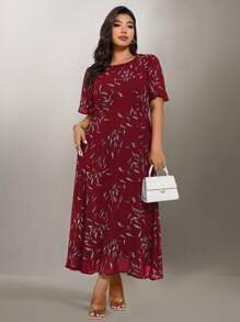 Flouryn Women Summer Plus Size Elegant Burgundy Chiffon Printed A-Line Maxi Dress,Autumn Wedding Guest Mal ,Easter Tea Party Vacation Spring Fall Dresses - Multicolor - View 5