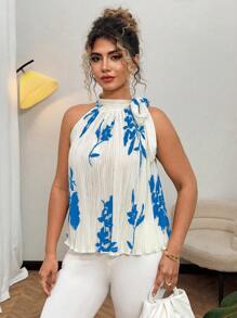 Flirla 新款蝴蝶结细肩带无袖印花褶裥衬衫 - 彩色 - 查看 5