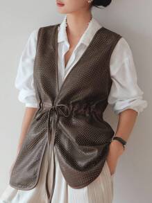 Dazy-Less Chaleco de mujer de PU perforado con cordón y cintura con lazo, ropa de exterior casual para primavera, verano y otoño, ropa de trabajo casual para mujer