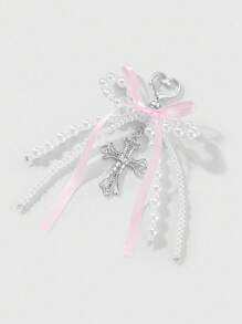 ROMWE Kawaii 1 pezzo Ciondolo versatile, delicato e dolce in stile Y2K, di alta qualità, realizzato a mano con perle, fiocco di nastro e croce di cristallo cava, adatto come portachiavi o decorazione per borse, adatto per donne/ragazze, per uso quotidiano o come regalo