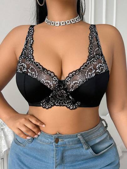 SHEIN 1pc Plus Size Lace Patchwork Underwire Bra (With Underwire)