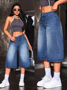 SHEIN ICON 女士休闲低腰阔腿七分宽松牛仔裤 - 藍色 - 查看 1