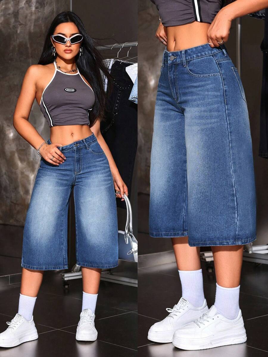 SHEIN ICON 女士休闲低腰阔腿七分宽松牛仔裤 - 藍色 - 查看 1