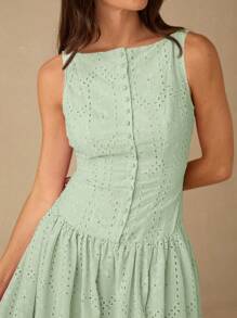 Enchnt Women's Vacation Embroidery & Button Design Sleeveless Elegant Dress - Mint Green - View 2