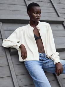 Lumivelle 夏季复古风穿搭，复古优雅奶油黄简约立领泡泡袖休闲通勤外套，适合日常通勤和春季大学校园穿着。 - 杏色 - 查看 6