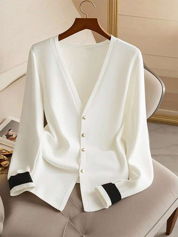 GlowEve White Knitted Cardigan With Metal Buttons, Minimalist Design, Versatile Women Sweater