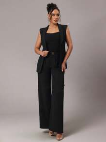 Silquee Chaleco sin mangas de oficina o para ir al trabajo, de unicolor simple, con cuello redondo y cinturón para mujer - Negro - Ver 6