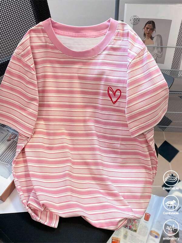 SHEIN Colorful Striped Digital Print & Heart Embroidery Plus Size Women T-Shirt