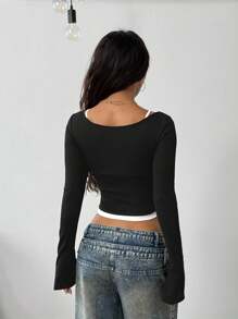 Coolane Women's Fall Y2K Concert Rave Going Out Black Slim Fit 2 In 1 Long Sleeve Top - Black - View 3