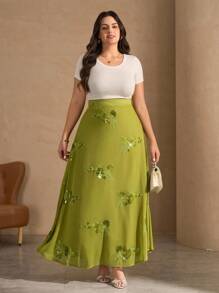 Chikora Falda larga de línea A elegante con bordado de lentejuelas para mujer de talla grande, falda larga de verano verde, falda larga floral, falda de lentejuelas, falda bordada, vuelta al colegio, estilo country, concierto country, dinero antiguo, casual de negocios
