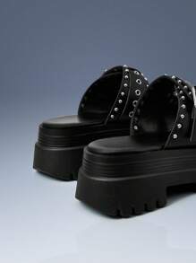 CUCCOO GRLICON 女士金属孔眼绑带坡跟凉鞋，机车风，酷女孩必备，适合春夏、度假、旅行，2000年代时尚 - 黑色 - 查看 4