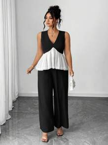 SHEIN Elenzya Bộ 2 món cho nữ cỡ lớn: Áo cánh không tay màu tương phản và quần ống rộng rộng rãi - Nhiều màu - Xem 4