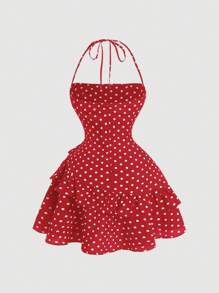 SHEIN MOD Neck Gathered Bust Ruched Waist Ruffle Hem Polka Dot Print Dress - Burgundy - View 2