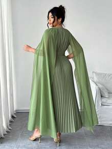 Elenzga 加大码 V 领雪纺拼接蝙蝠袖仿腰褶皱 A 字下摆褶皱休闲优雅连衣裙，适合外出、度假和聚会