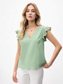 BizChic 女士休闲 V 领荷叶边衬衫，优雅商务休闲衬衫，时尚办公室上衣 - 綠色 - 查看 3