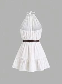 Sweetra White Casual Sleeveless Ruffle Trim Dress For Women, Summer,Ack To School Clothes - White - View 2