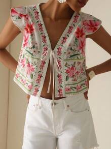 Vesra Elegant Summer Floral Print & Tied Hem Cropped Blouse Top - Multicolor - View 2