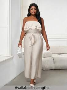 SHEIN PETITE CURVE Plus Size Women's Holiday Solid Color Ruffle Waist Tie Front Strapless Jumpsuit, Suitable For People Of Shorter Stature - Apricot - View 8