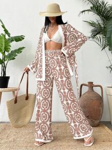 SHEIN Cottnline Set de 2 piezas con Kimono estampado de tótem y pantalón de pierna ancha - Rosa vieja - Ver 3