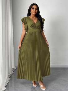 Maweii Plus Size Solid Color V-Neck Ruffle Sleeve Pleated Dress - Army Green - View 4