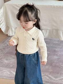 DAZY 女婴休闲百搭刺绣细节毛衣，秋冬 - 米色 - 查看 5