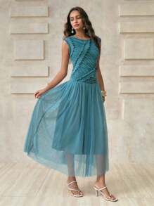 Aveloria 女士无袖褶皱宽肩不对称剪裁褶皱拼接网纱下摆长裙度假风女士沙滩装女士教师装乡村演唱会装度假装巡航装女士夏装 - 霧霾藍 - 查看 5