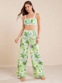 L'Amorae Top cropped sin mangas con estampado de plantas, moda de verano para mujeres - Verde - Ver 3