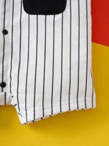 LOONEY TUNES X SHEIN 男婴卡通可爱休闲黑白条纹印花短袖连体衣