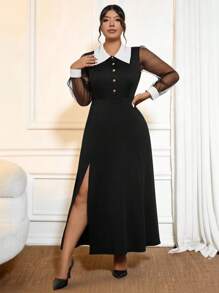 Cravure Women's Plus Size Elegant See-Through Mesh Stitching Long Sleeves Neckline Contrast Lapel With Buttons Solid Color Side Slits Maxi Dress Shirt Dress Elegant Business Casual Summer Women Outfit Spring Dress Formal Women Dresses Maxi Graduation Dress