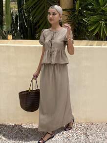 Livesso 2pcs/Set Women Summer Solid Color Front Tie Ruffle Hem Top And Skirt Set