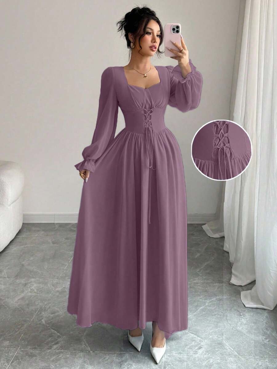 Modelyn 法式高端系腰方领长裙 - Mauve Mist - 查看 1