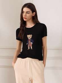 Briarwyn 夏季休闲简约小熊印花短袖T恤，返校季可爱教师图案刺绣T恤 - 黑色 - 查看 6